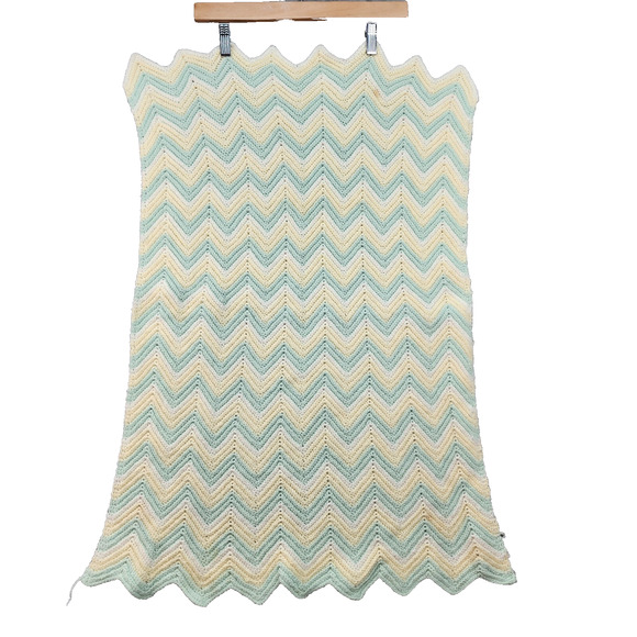 Handmade Other - Vtg Knit Baby Doll Afghan Throw 24x36 Green Yellow Zig Zag Chevron Blanket Handm